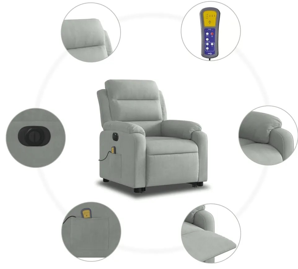 Poltrona de massagens reclinável elétrica veludo cinzento-claro