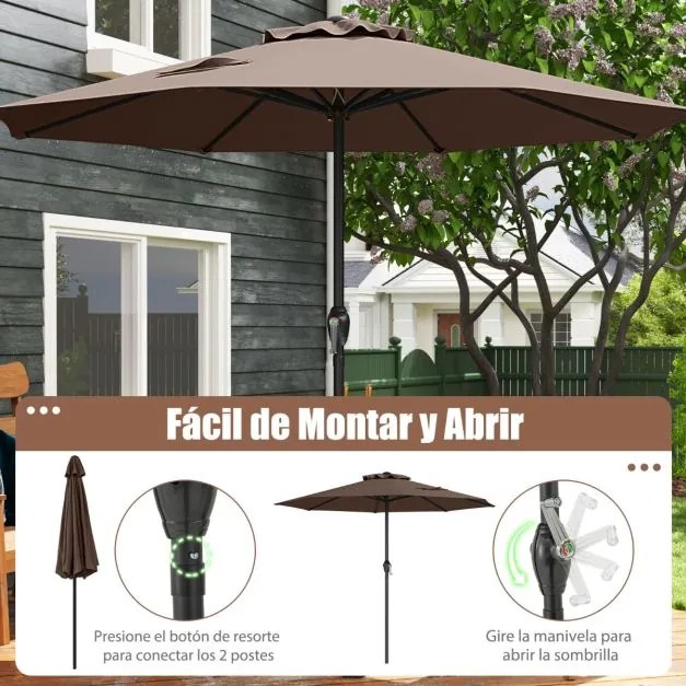 Guarda-sol 260 x 260 x 225 cm com alça giratória 8 varas Parte superior ventilada Proteção solar Café