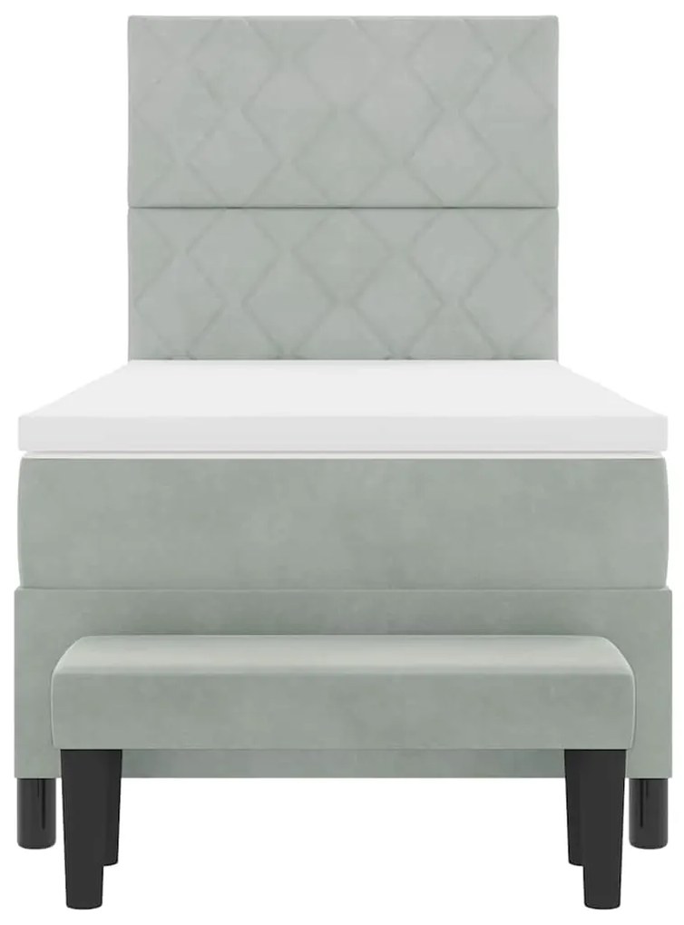 Cama Box Spring com Colchão e Banco Cinza Claro 90x200 cm Veludo