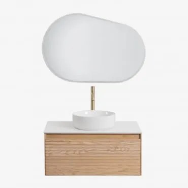 Conjunto De Móveis De Banheiro Em Madeira Tedrik Ash Castanho Fresno & Cerâmica Redonda Branca Ø40 Cm Lenka & Oval Led E - Sklum