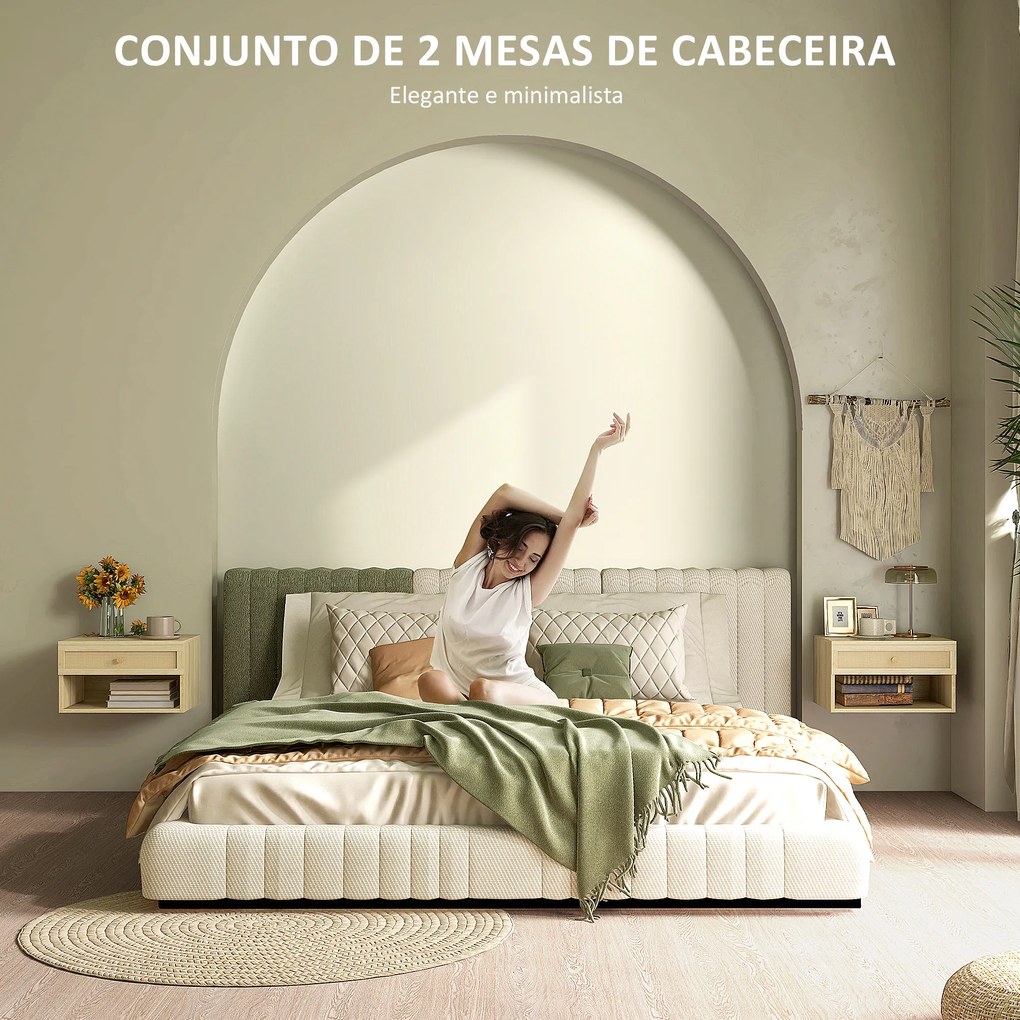 Conjunto de 2 Mesas de Cabeceiras Suspensas com Compartimento Aberto e Gaveta com Frente em Vime 40x34x23 cm Madeira