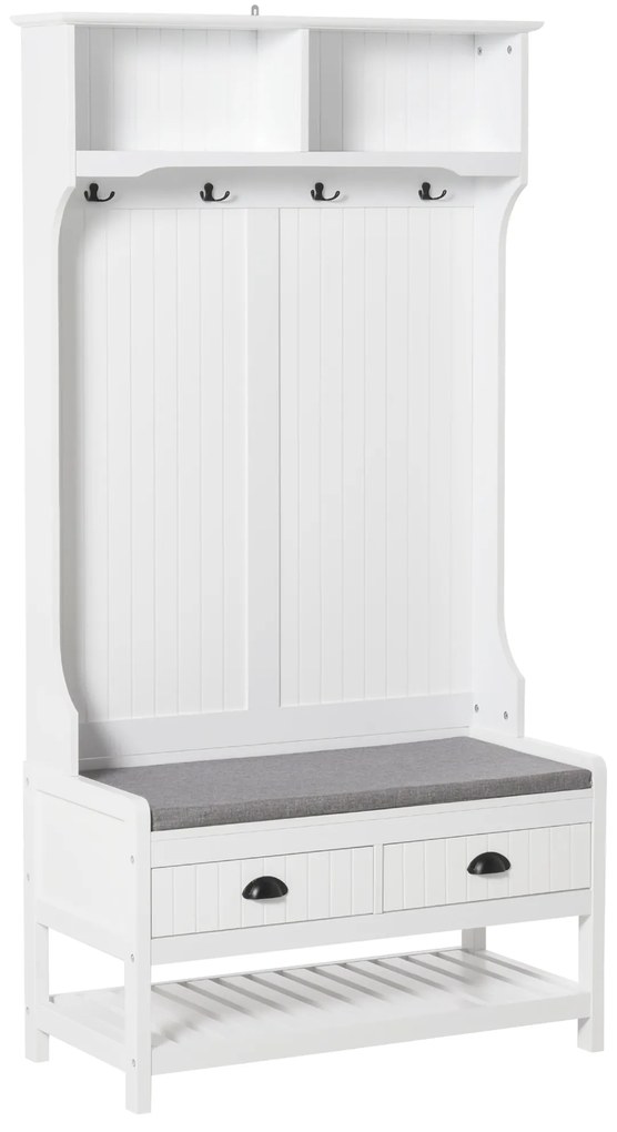 HOMCOM Cabide Sapateira com banco 4 ganchos 2 compartimentos abertos 2 gavetas removíveis e prateleira inferior moderna para corredor entrada 87x42x172 cm Branco