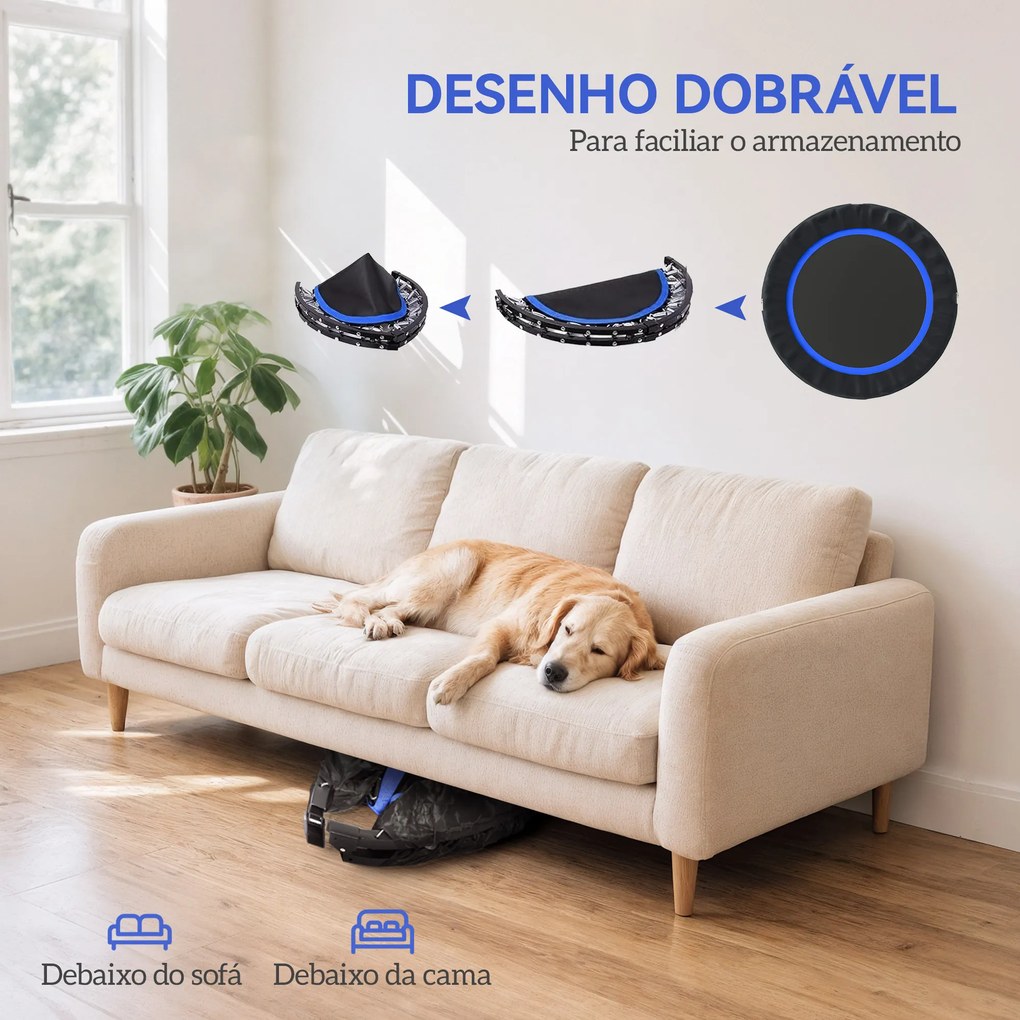 Trampolim de Fitness Ø102 cm Dobrável com Guiador Ajustável de 4 Níveis e Bandas para Treino de Pernas e Corpo Azul