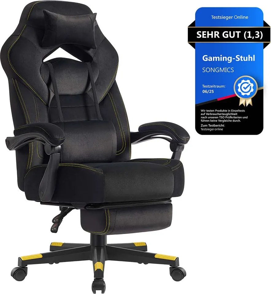Cadeira gamer com apoio para os pés e almofada ajustável para a cabeça, Preta
