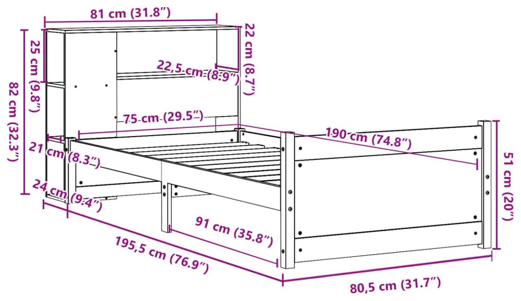 Cama com estante sem colchão 75x190 cm pinho maciço
