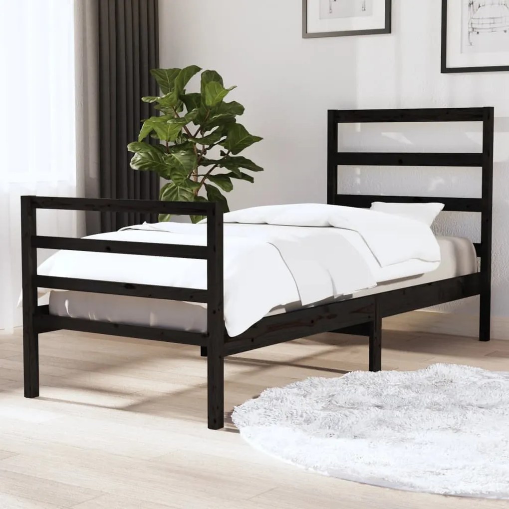 vidaXL Estrutura de cama pequena solteiro 75x190 cm pinho maciço preto