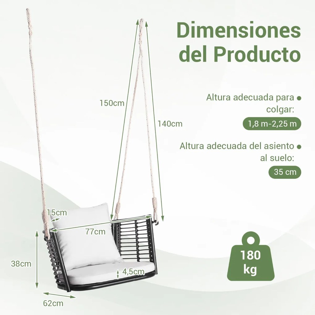 Baloiço jardim de metal para 1 pessoa com encosto em rattan tecido 2 cordas suspensas Almofadas de assento branco