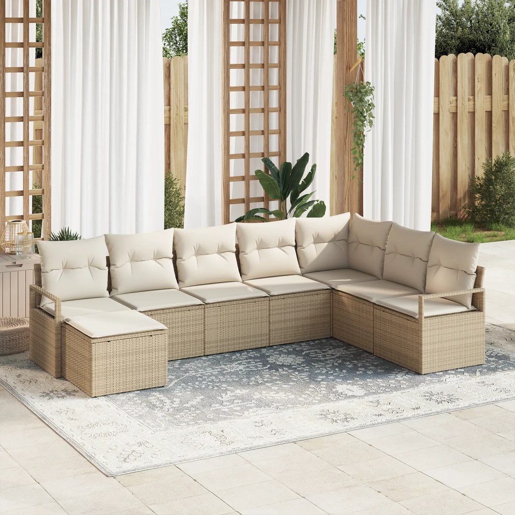 Conjunto de Sofá de Jardim 8 Peças com Almofadas Bege Vime Poliéster