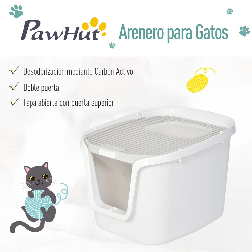 PawHut Caixa de areia para gatos com porta dupla Caixa desodorizante de carvão ativado Pá Equipada Amplo espaço 55,5x44,5x38,3 cm cinza branco
