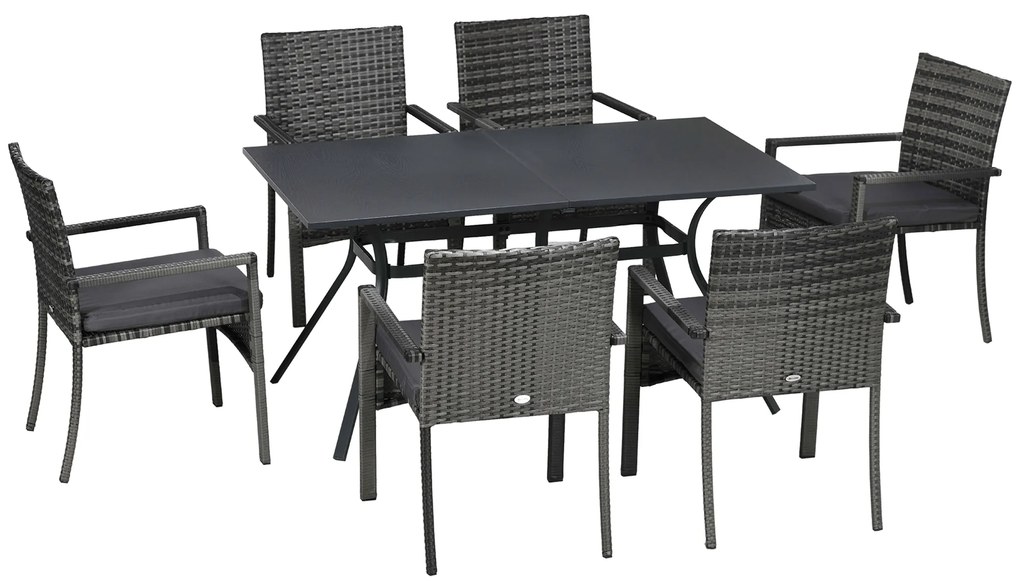 Outsunny Conjunto de Refeição de Jardim em Vime Sintético Conjunto de 7 Peças Inclui 6 Cadeiras com Almofadas e Mesa de Metal Cinza