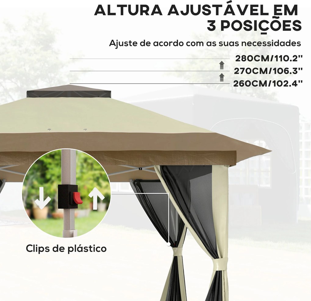 Pérgola Dobrável 356x356x280 cm com 4 Paredes Laterais de Malha Anti-UV Altura Ajustável e Bolsa de Transporte Bege e Castanha