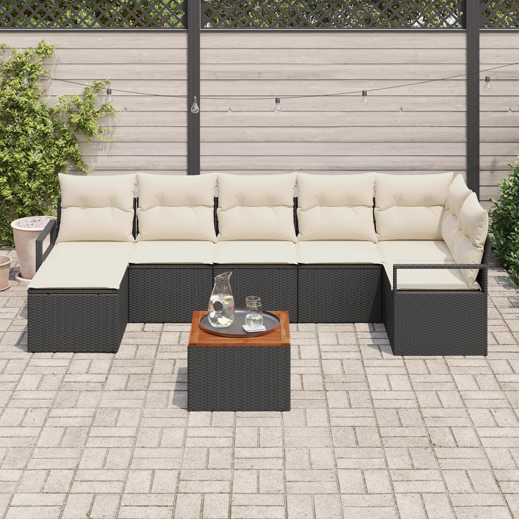 Conjunto de Sofá de Jardim de 8 Peças com Almofadas Preto Ratan Poliés