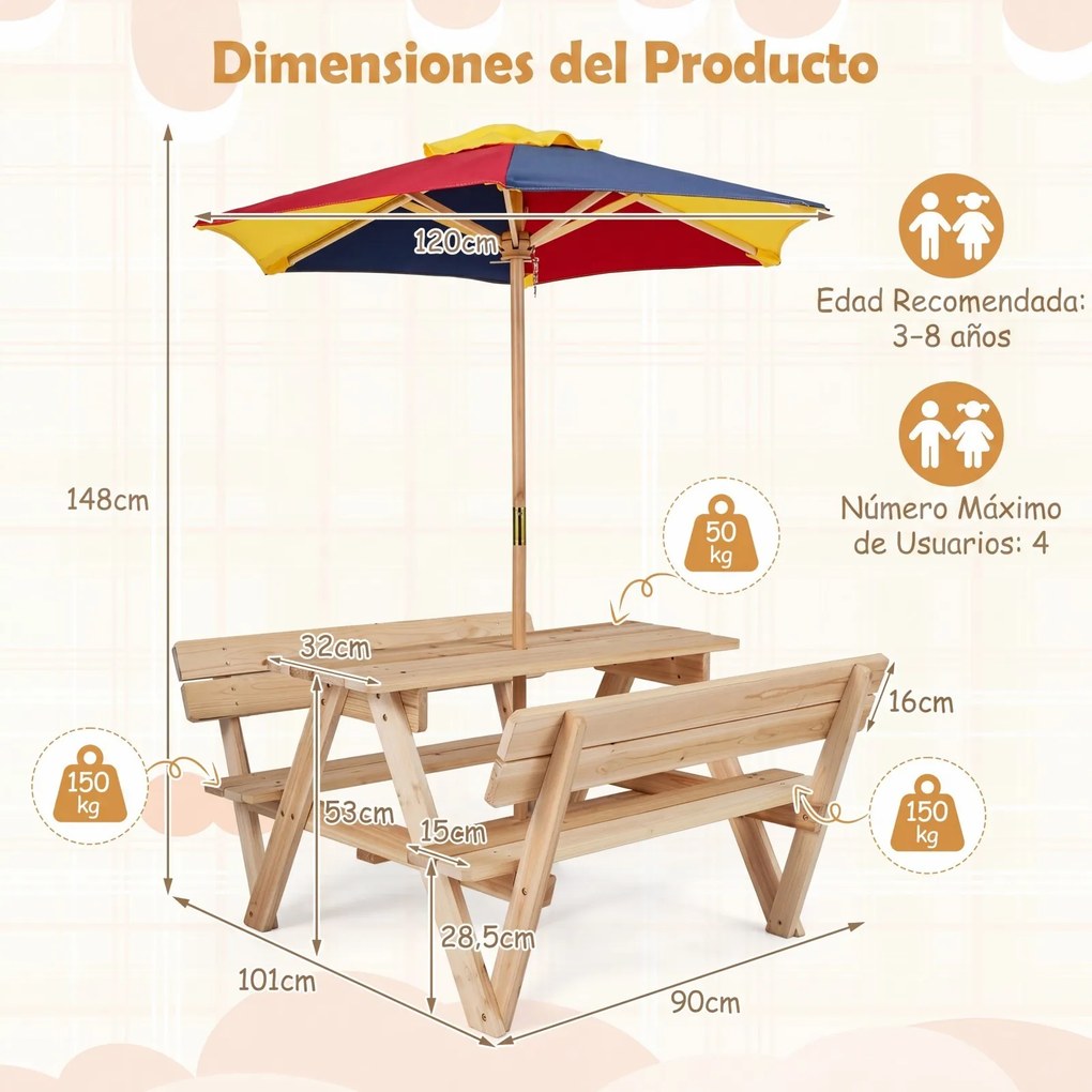 Mesa de piquenique infantil com 2 bancos integrados, guarda-sol removível e encosto em madeira de abeto, para crianças dos 3 aos 8 anos – praia, jardi