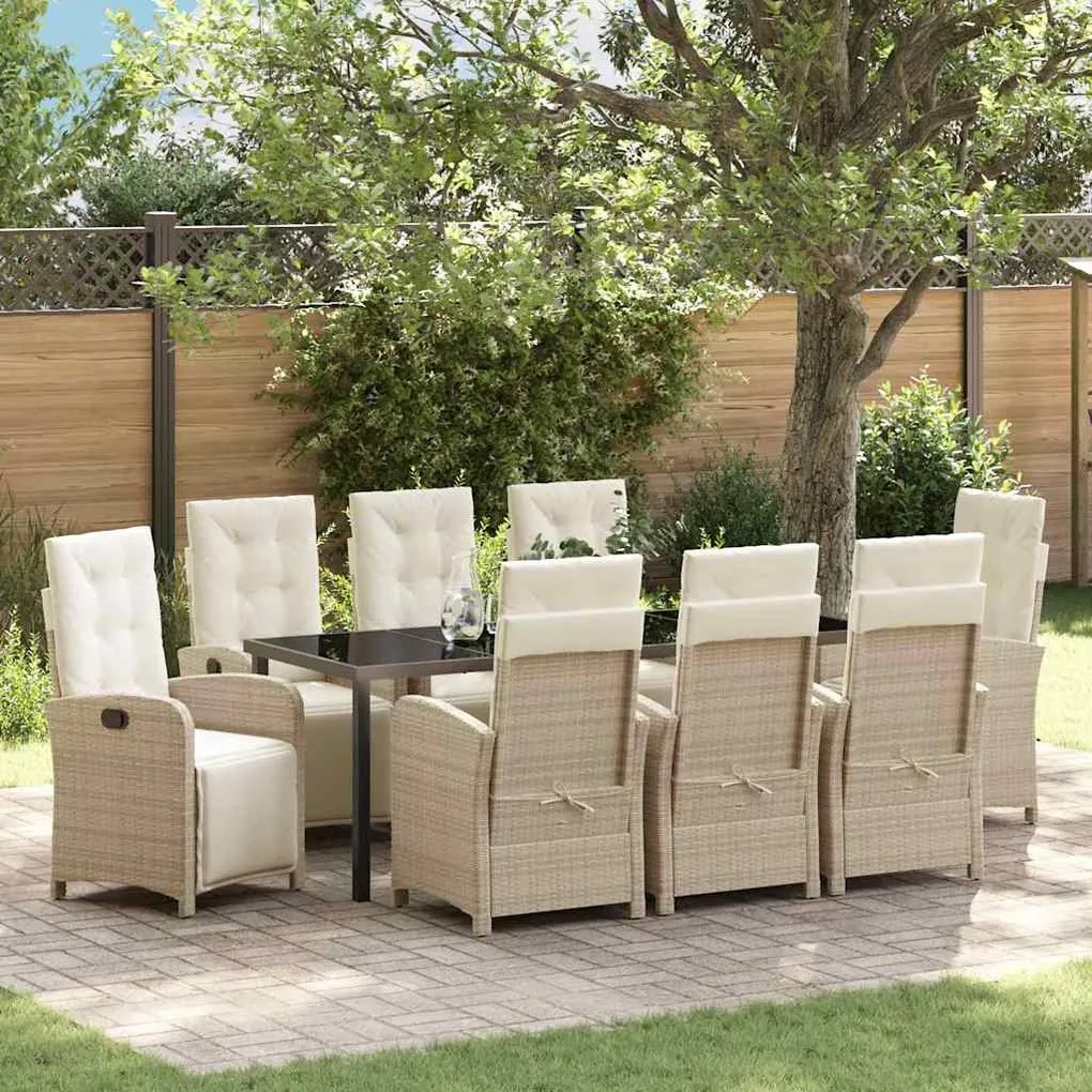 vidaXL Conjunto de Jantar de Jardim com 9 Peças e Almofadas Bege em Rattan Sintético
