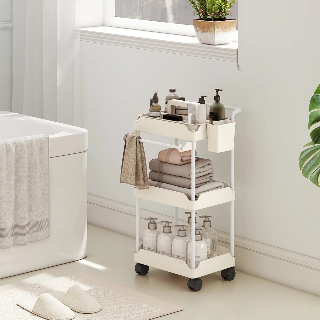Carrinho Auxiliar com Rodas de 3 Níveis com Cestos Extraíveis Suporte para Toalhas e Estrutura de Metal 42x42,5x76 cm Branco