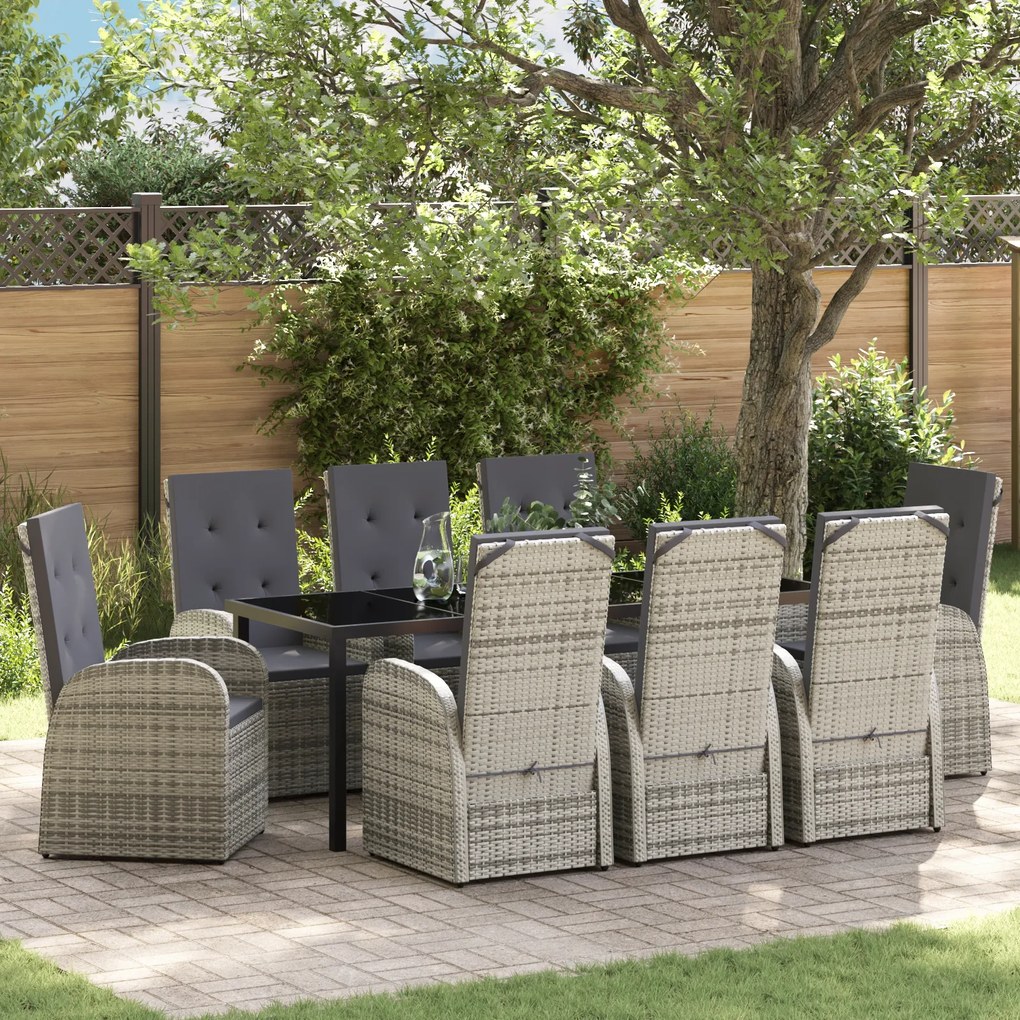 Conjunto de Jantar Jardim de 9 Peças com Almofadas Cinza em Rattan