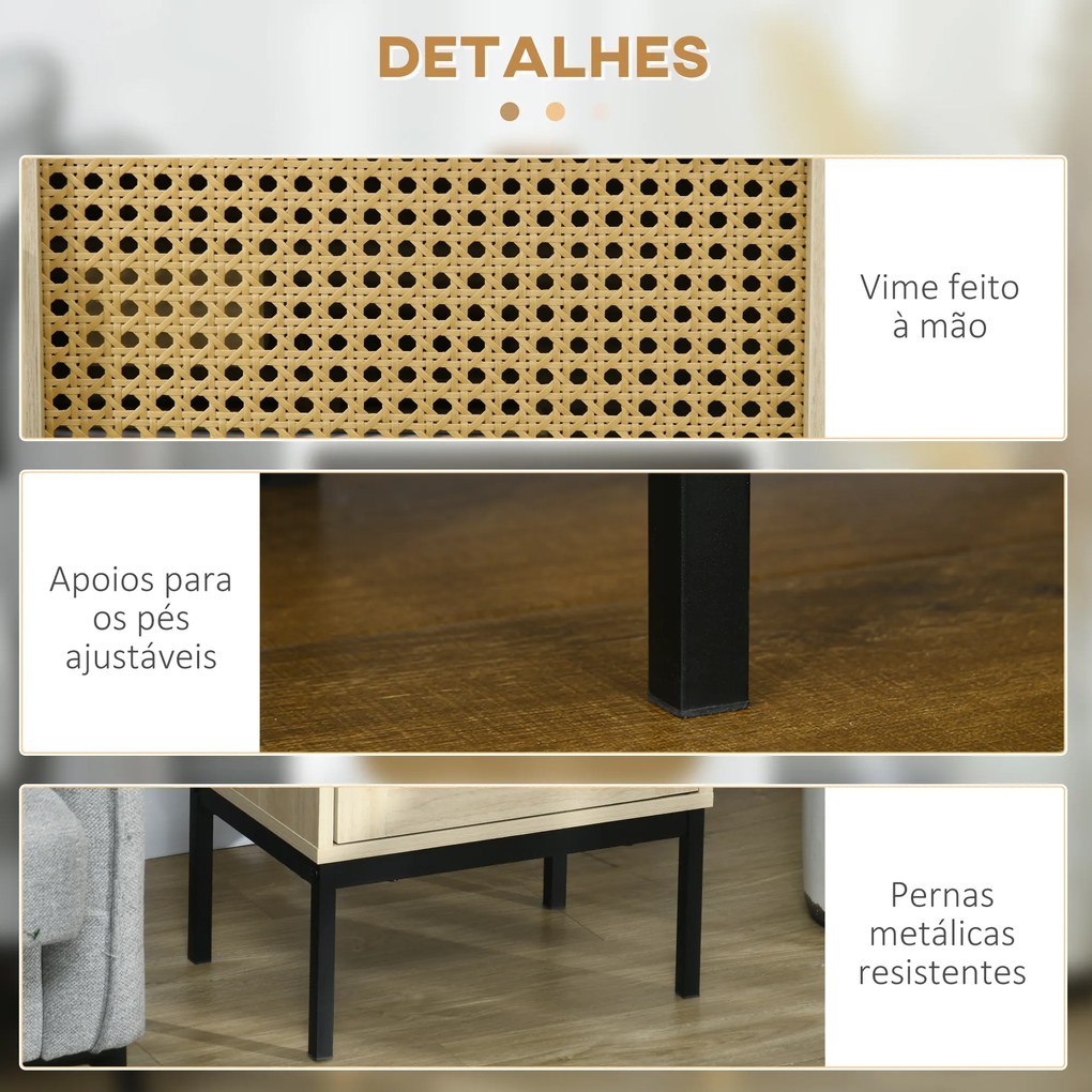 Mesa de Cabeceira com Porta de Vime Estilo Cannage com Pés de Metal 43x30x51 cm Madeira e Preto