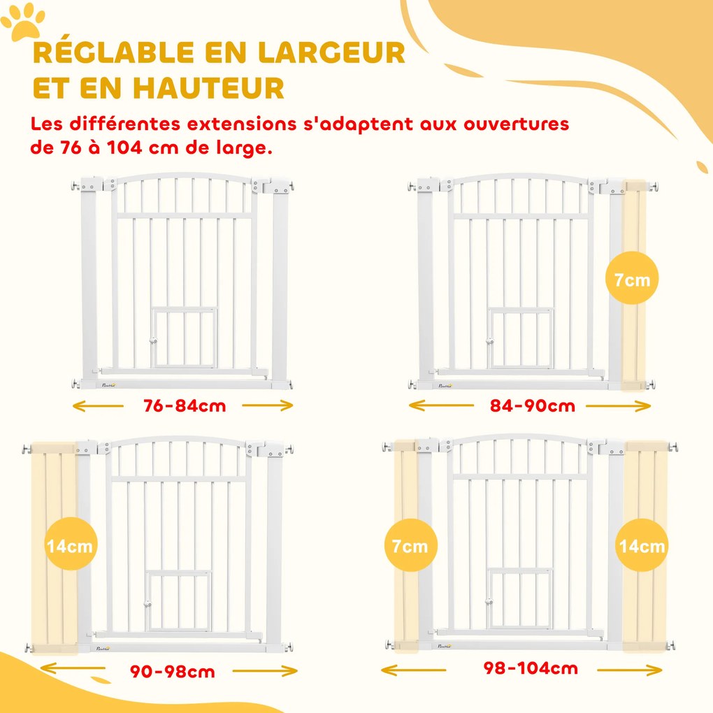 Barreira de segurança para cães com sistema de duplo bloqueio, montagem por pressão ou perfuração, largura 76-104 cm, branca