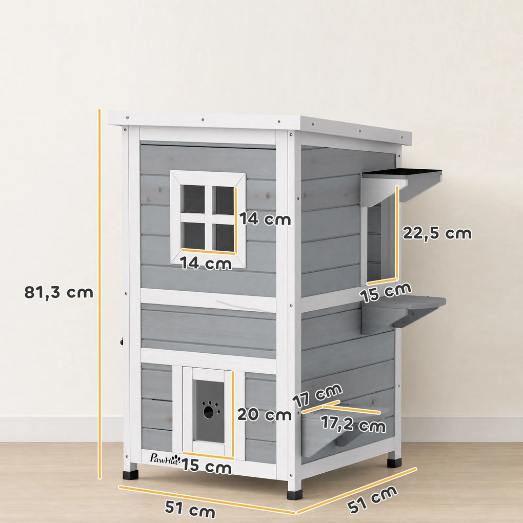 Casota Exterior para Gatos em Madeira de 2 Níveis com Telhado Basculante, Plataformas de Salto e Portas, 51x51x81,3 cm, Cinzento