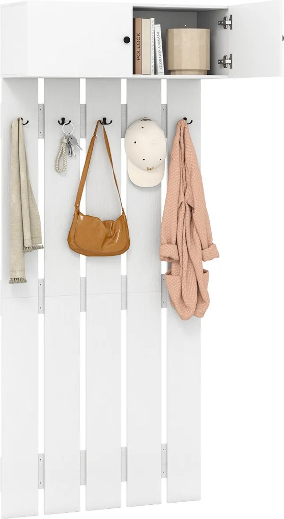 Cabide de parede para hall de entrada 90 x 33 x 210 cm com 5 ganchos duplos e armário com 2 portas e prateleira superior Branco