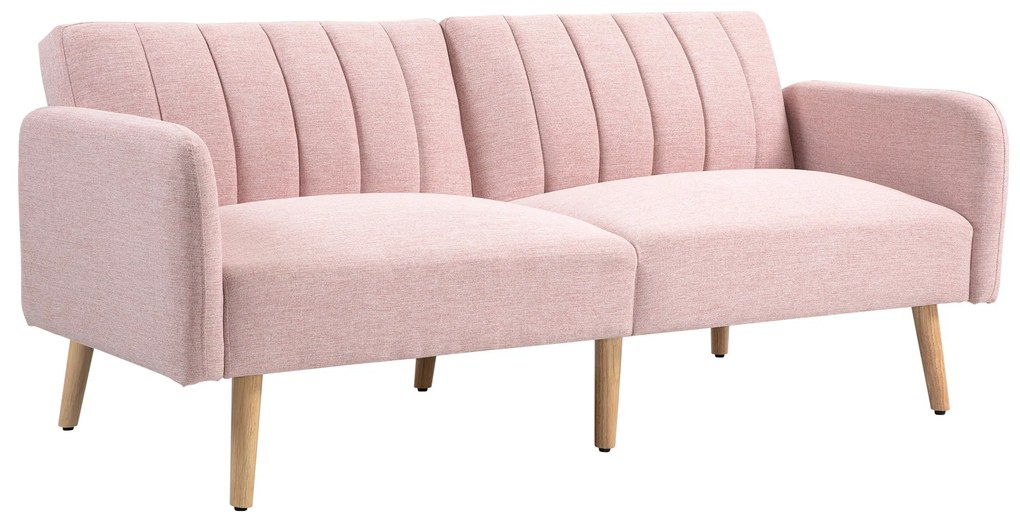 Sofá Cama de 2 Lugares com Encosto Ajustável em 3 Posições Apoio para os Braços e Pés de Madeira 173x75x73 cm Rosa