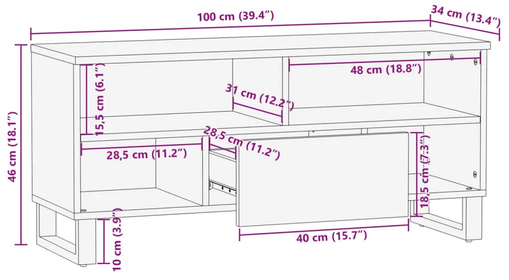 Móvel de TV 100x34x46 cm madeira de mangueira maciça castanho