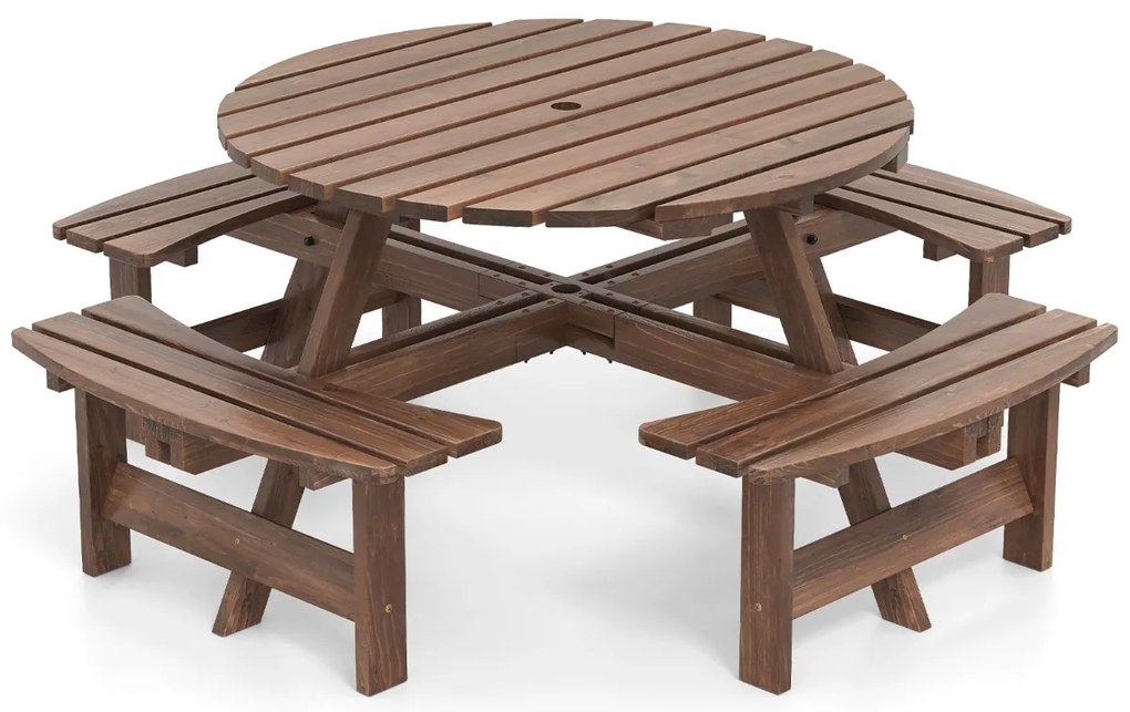 Conjunto de mesa de Jardim ou piquenique redonda com 4 bancos para 8 pessoas com orifício para guarda-sol de 5 cm Castanho