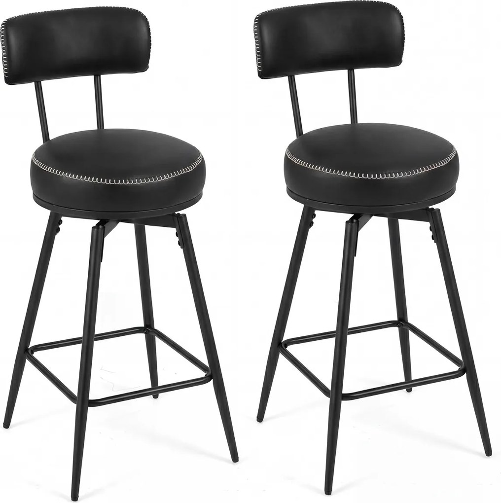 Conjunto de 2 Bancos de bar giratórios modernos 46 x 41 x 98 cm, encosto almofadado, apoio para os pés, pernas metálicas, couro sintético com costuras