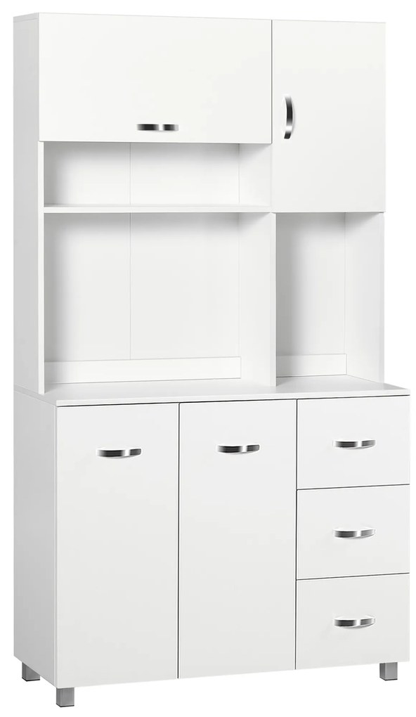 HOMCOM Armário de Cozinha Armário Alto com 3 Gavetas 4 Portas Prateleiras Interiores e Pés Móvel Auxiliar 100x39,5x183,5cm Branco | Aosom Portugal