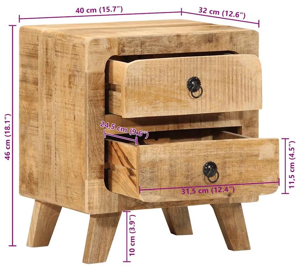 Mesa de cabeceira 40x32x46cm madeira de mangueira áspera maciça