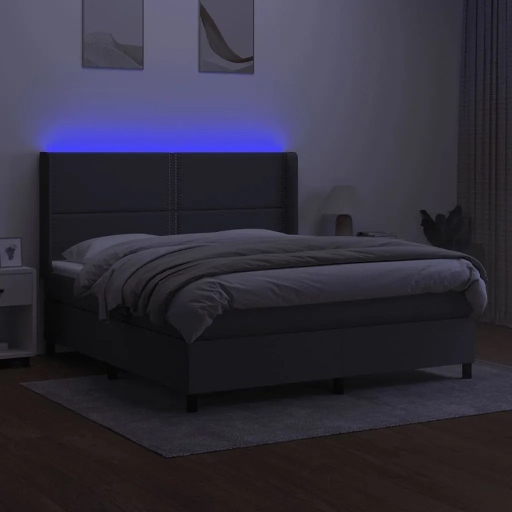 Cama box spring c/ colchão e LED 160x200 cm tecido cinza-escuro