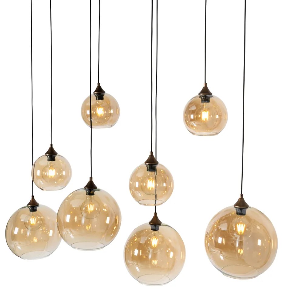 Candeeiro de suspensão Art Deco bronze escuro com vidro âmbar oval 8 luzes - Sandra Art Deco
