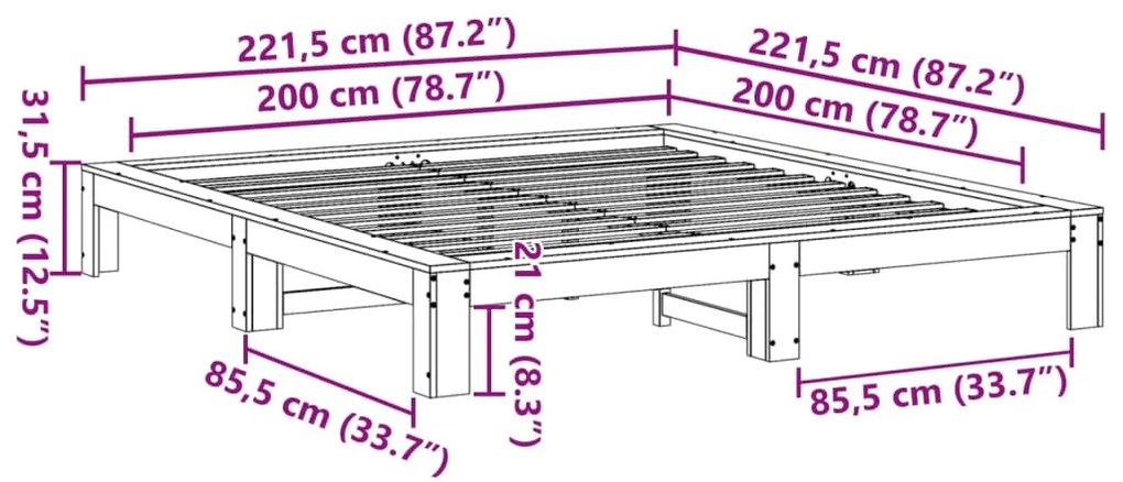 Cama sem colchão 200x200 cm madeira de pinho maciça branco