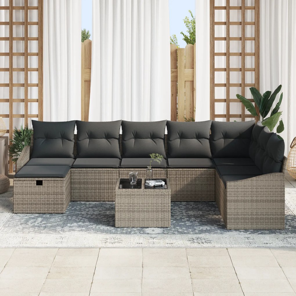 Conjunto de Sofá de Jardim de 9 Peças com Almofadas Cinza Rattan Polié