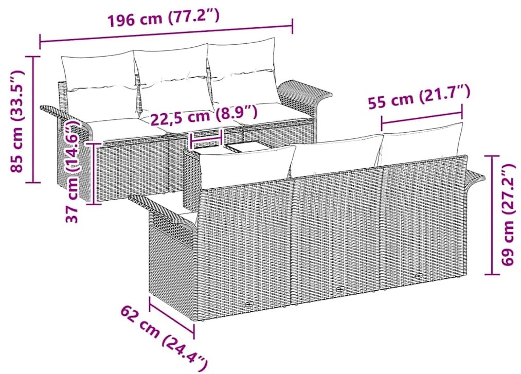 Conjunto de Sofá de Jardim 7 Peças com Almofadas Marrom em Rattan Sint