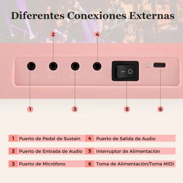Teclado musical dobrável de 61 teclas, piano eletrónico com fones de ouvido e pedal portátil com bolsa para iniciantes Rosa