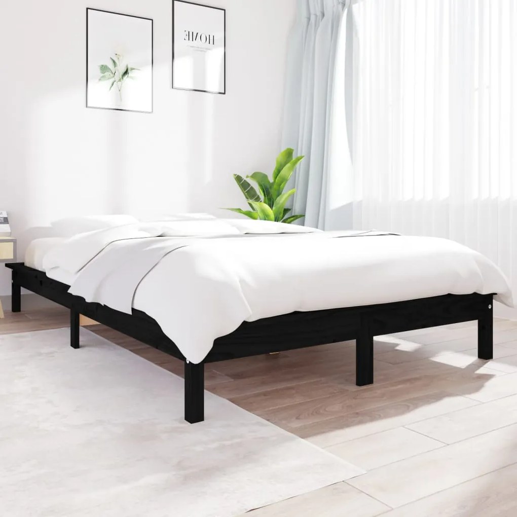 vidaXL Estrutura de cama de casal 135x190 cm pinho maciço preto