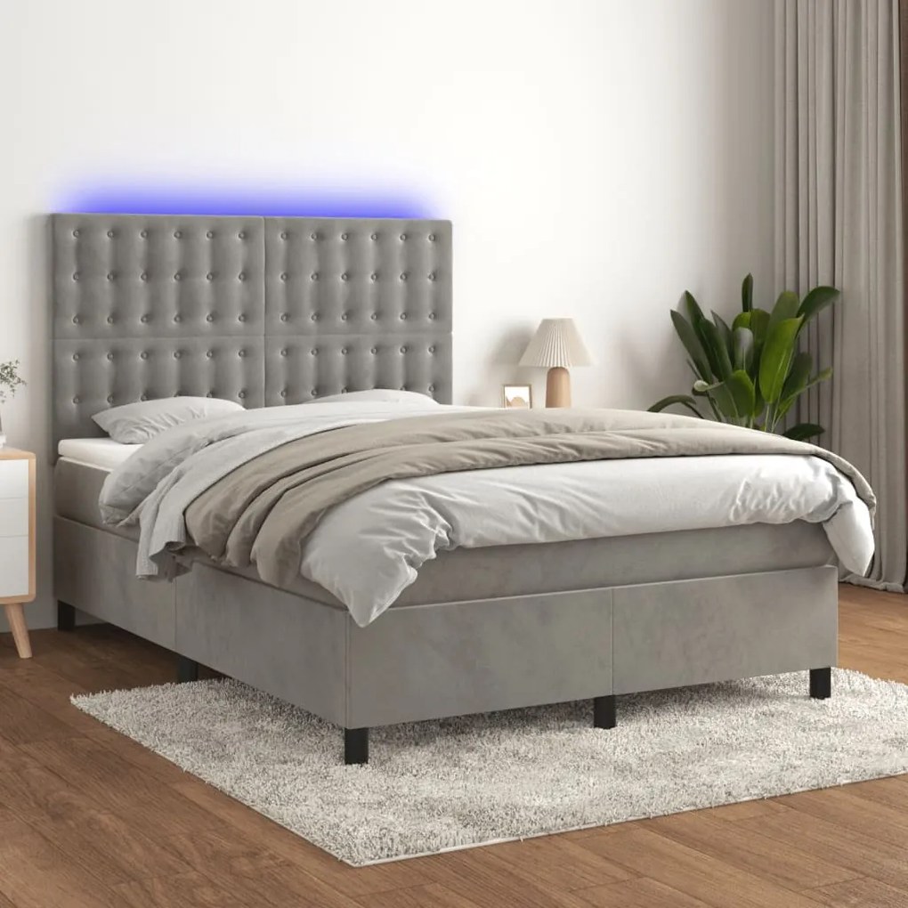 Cama box spring c/ colchão/LED 140x190 cm veludo cinzento