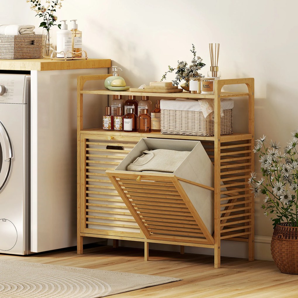 Móvel de casa de banho em bambu, armário de casa de banho com 2 cestos para roupa suja e 2 prateleiras, 82 x 33 x 88 cm, madeira natural