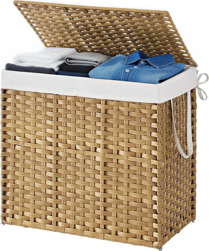 Cesto para roupa suja em rattan sintético 160L com 2 compartimentos 66 x 40 x 61 cm cor natural