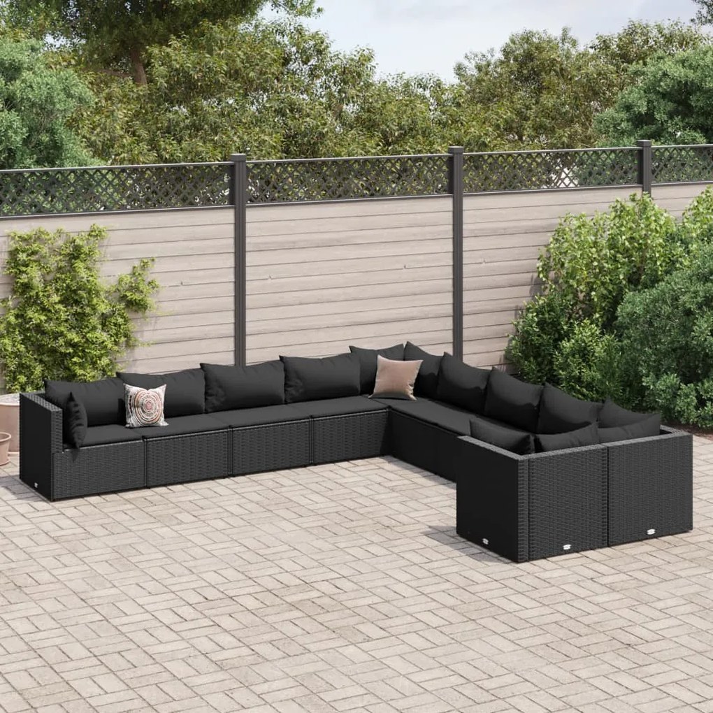 10 pcs conjunto sofás de jardim c/ almofadões vime PE preto