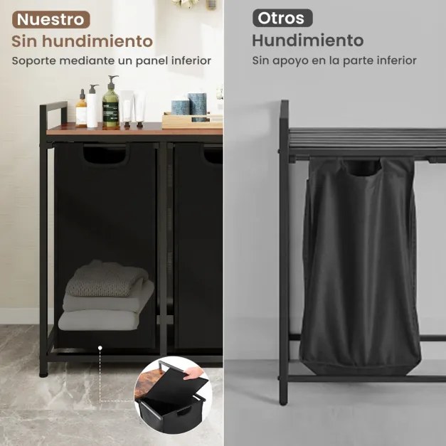 Organizador Cesto para roupa de casa de banho de 2 secções 80L com estrutura metálica e forros amovíveis divididos amovível Castanho