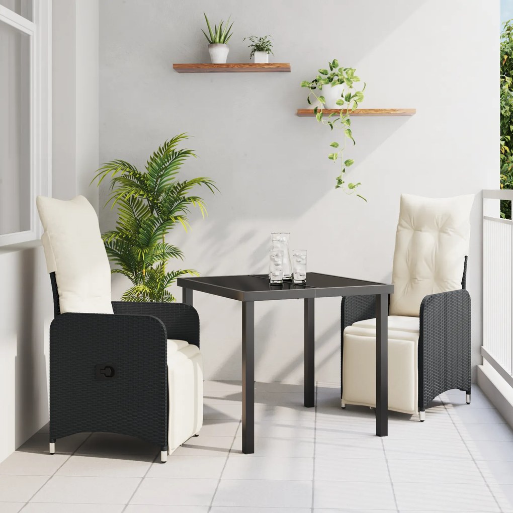 vidaXL Conjunto de Jantar de Jardim de 3 Peças com Almofadas Rattan Polivalente Preto