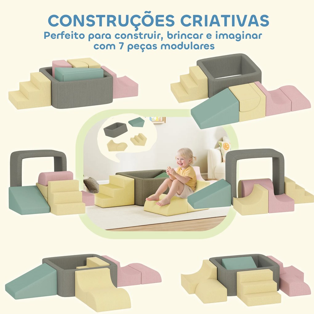 Conjunto de 7 Blocos de Espuma para Crianças Blocos de Psicomotricidade com Capas de Veludo Laváveis Multicolor