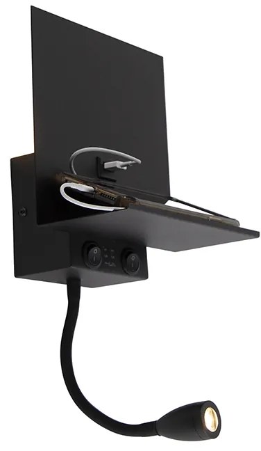 LED Candeeiro de parede moderno preto com USB e braço flexível - Flero Moderno