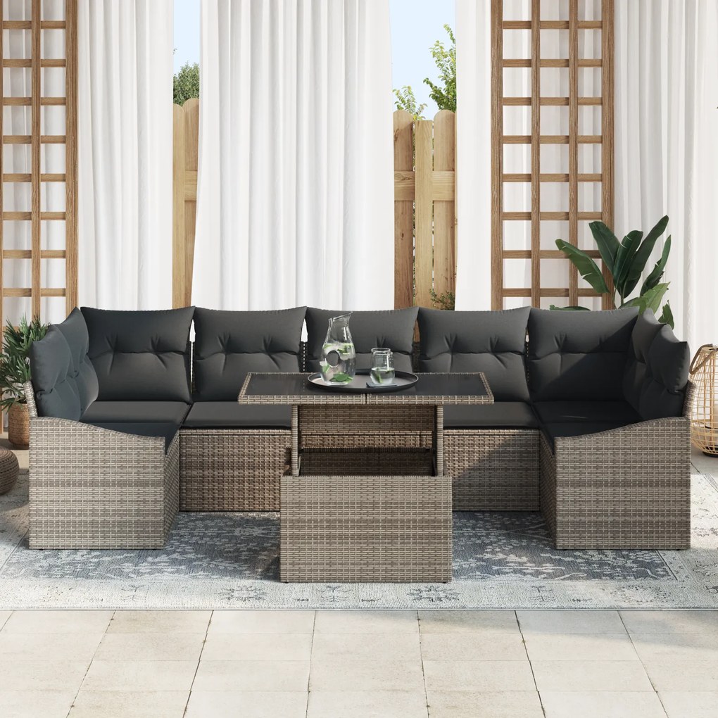 Conjunto de Sofá de Jardim 8 Peças com Almofadas Cinza Rattan Sintétic
