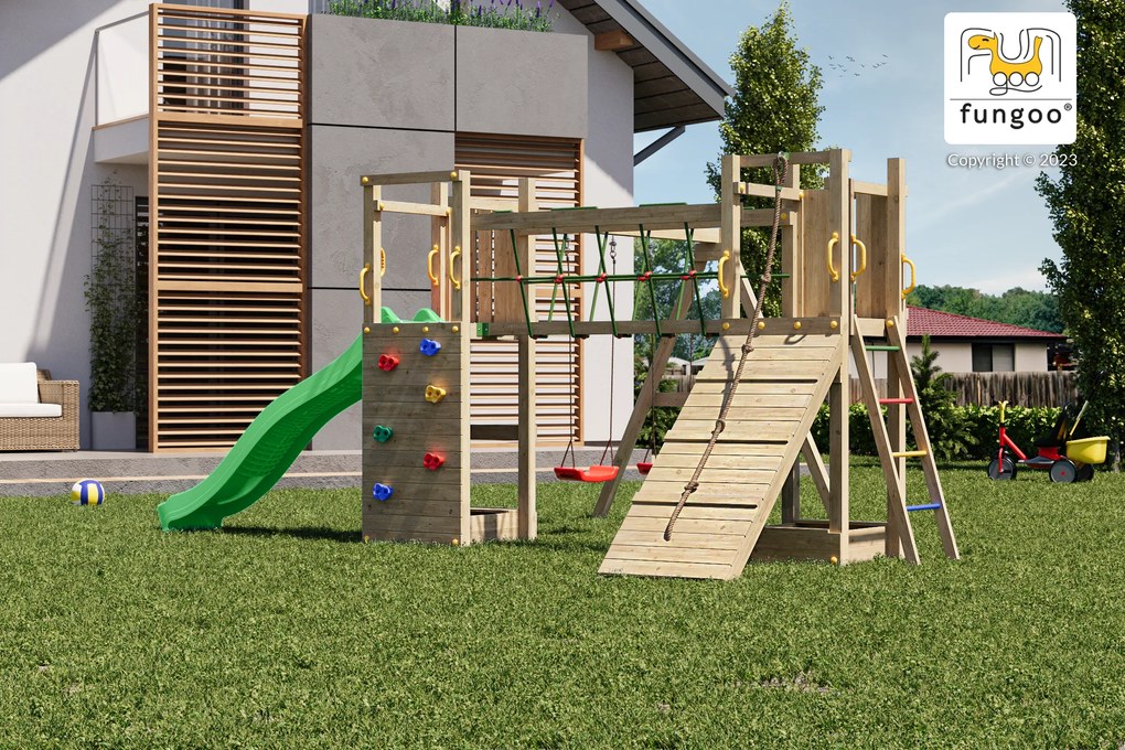 Parque infantil Crianças Exterior Maxi Funny Exposure KDI Com Escorrega, 2 Baloiços, rampa com corda de escalada, caixa de areia, parede de escalada