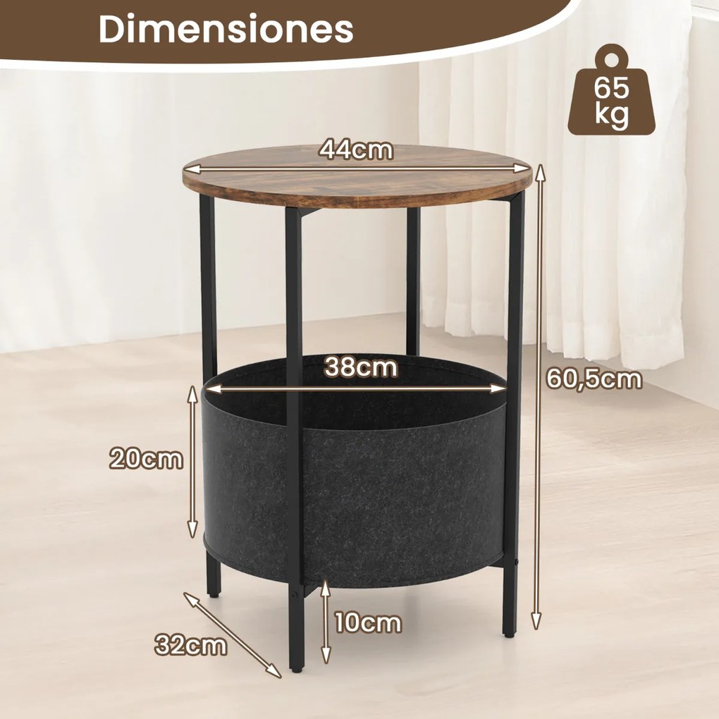 Mesa de apoio redonda 44 x 61 cm para espaços pequenos de 2 níveis com cesto de tecido Estrutura metálica Castanho