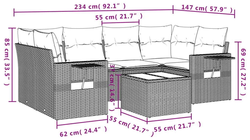 7 pcs conjunto de sofás jardim c/ almofadões vime PE castanho