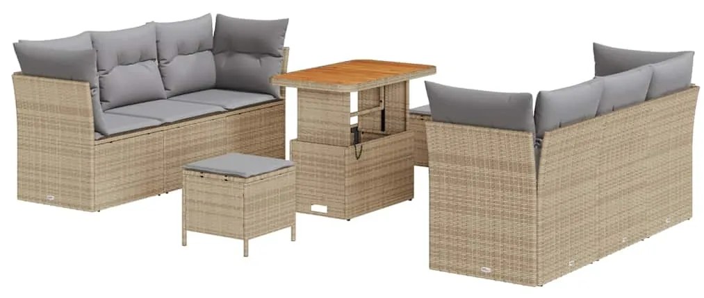 Conjunto de Sofá de Jardim de 9 Peças com Almofadas Bege Rattan Poliés